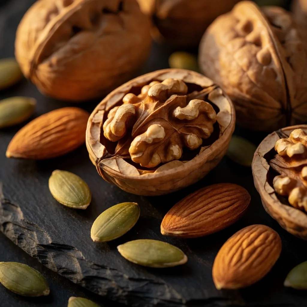 Nuts and seeds on a dark surface